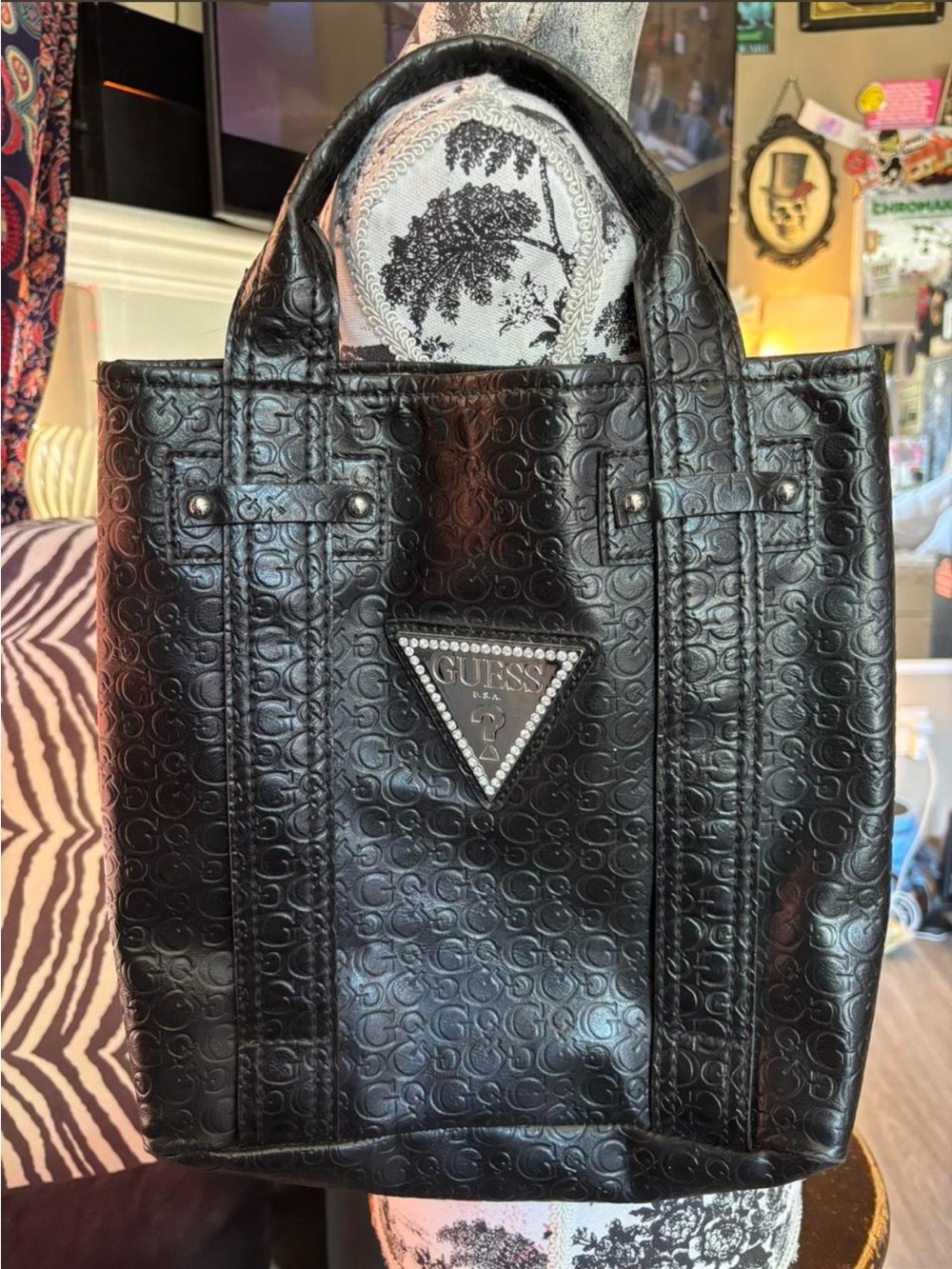 y2k Guess Black Embossed Logo Shopper Tote